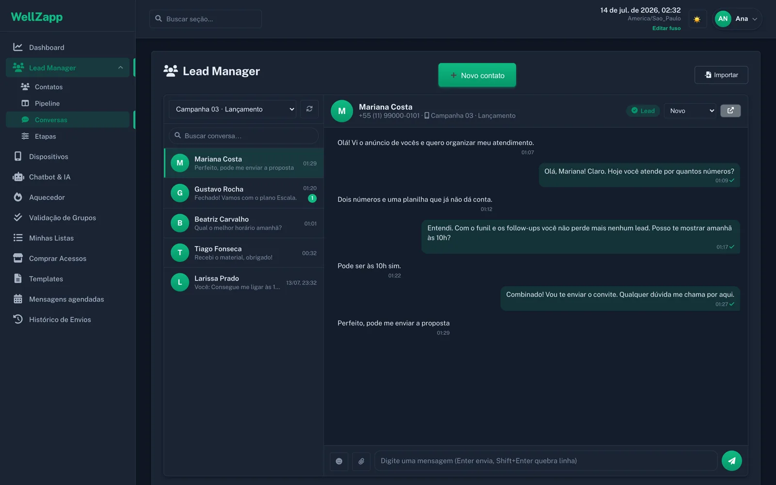 Conversas reais do WellZapp com menu recolhido: lista de atendimentos e chat com lead (tema escuro)