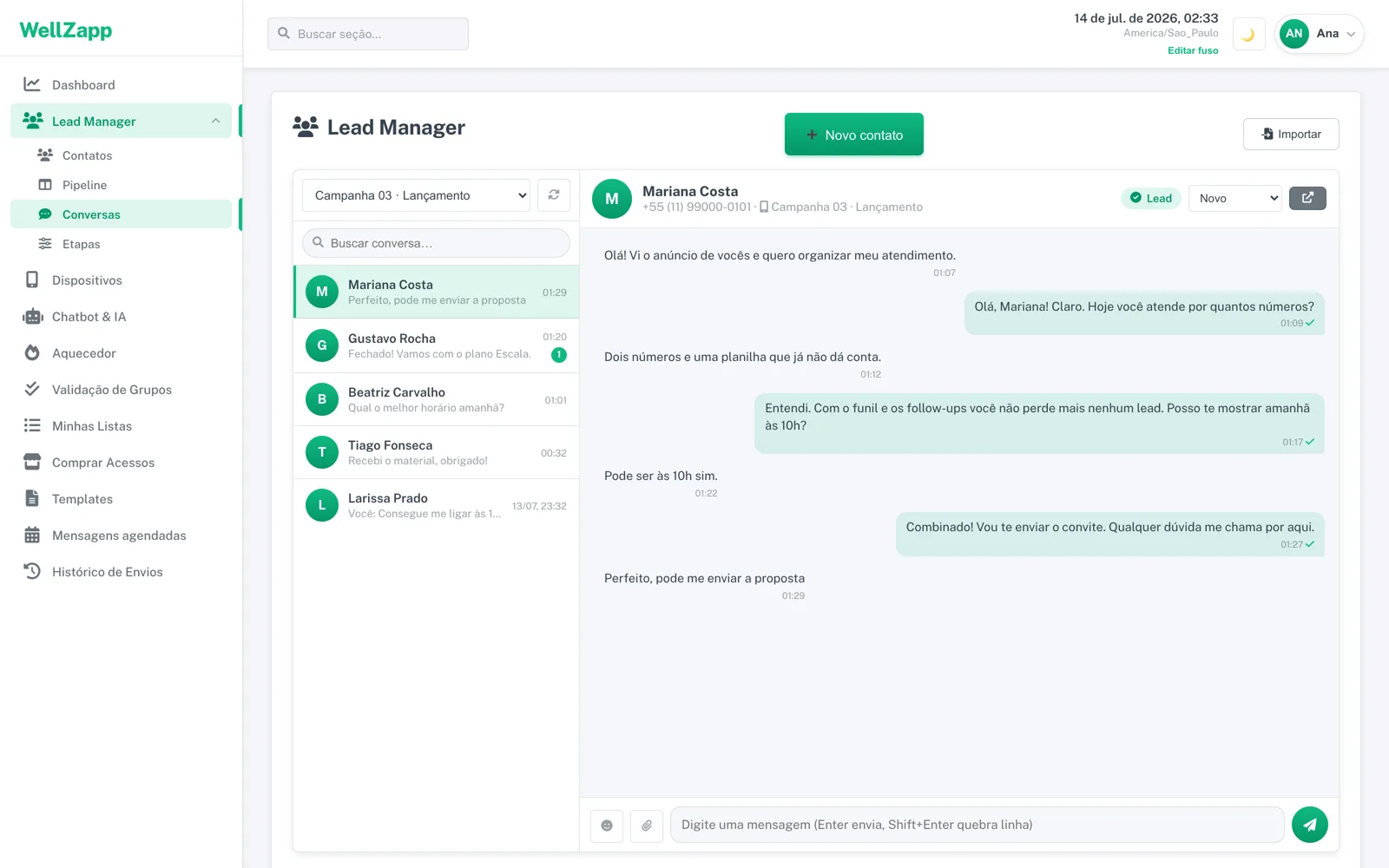 Conversas reais do WellZapp: lista de atendimentos e chat com lead (tema claro)